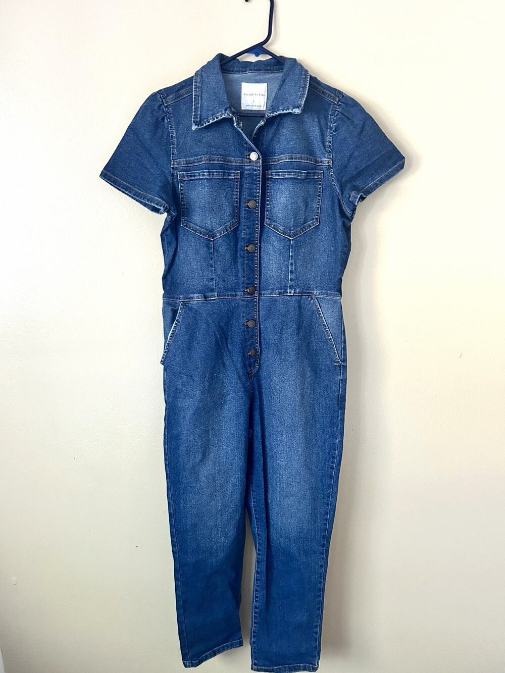 Celebrity Pink Short Sleeve Denim Jumpsuit Women's Size L Blue Jean One Piece